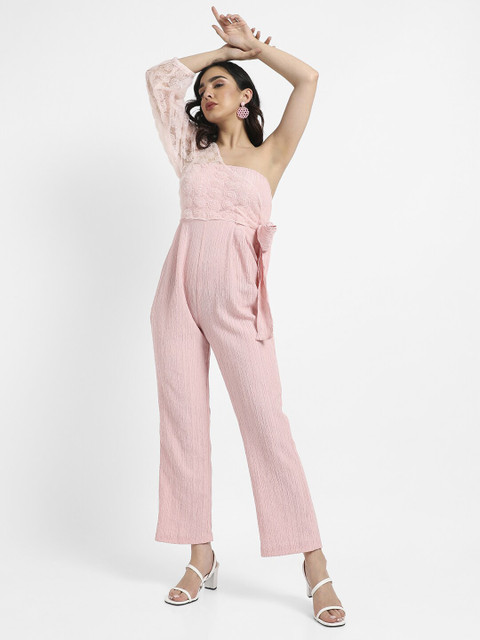 Campus Sutra Pink Self Design One-Shoulder Tie-Up Basic Jumpsuit