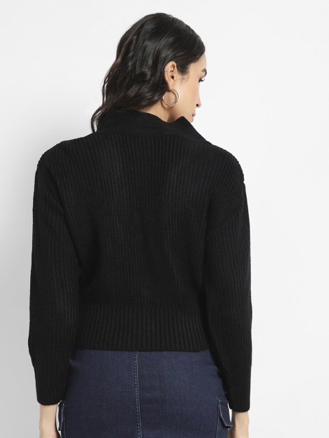 Campus Sutra V-Neck Cable Knit Cotton Cropped Cardigan - Image 3
