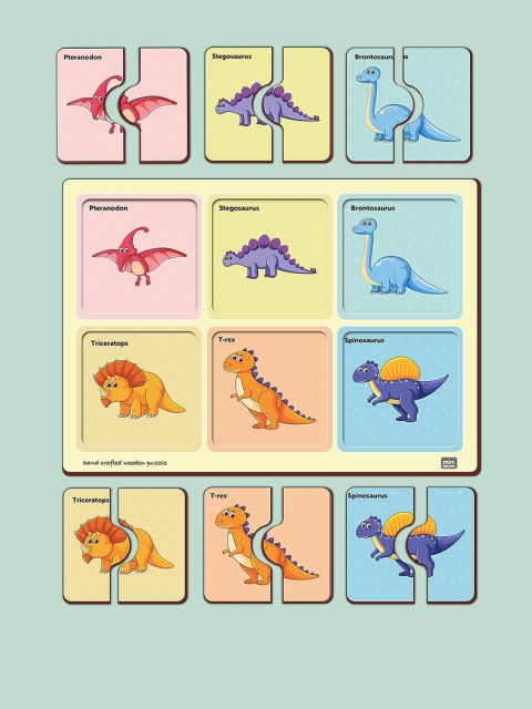 Mini Leaves Kids Set Of 6 2 Pieces Dinosaurs Wooden Puzzles - Image 2