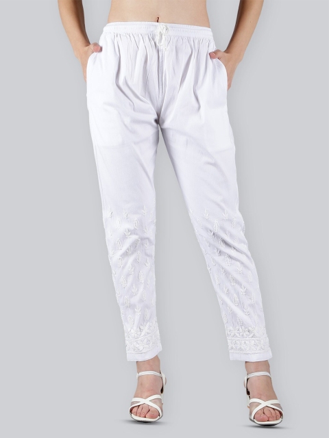 Seva Chikan Women Floral Embroidered Straight Cotton Trouser