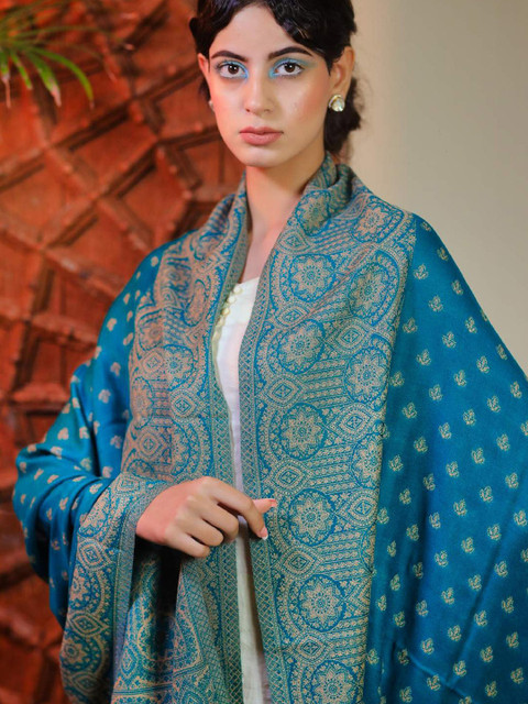 Sangria Turquoise Blue Ethnic Motifs Woven Design Shawl
