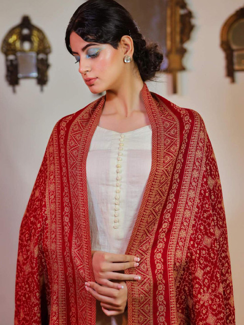 Sangria Maroon Ethnic Motifs Woven Design Shawl