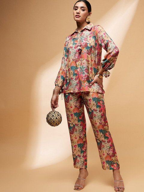 all about you Floral Printed Shirt Collar Top & Trouser