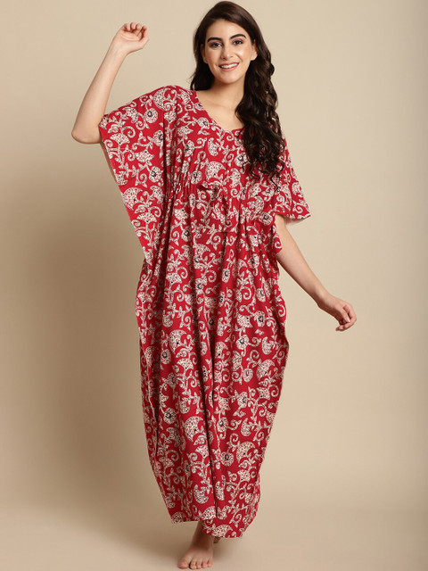 Secret Wish Floral Printed V-Neck Pure Cotton Maxi Kaftan Nightdress
