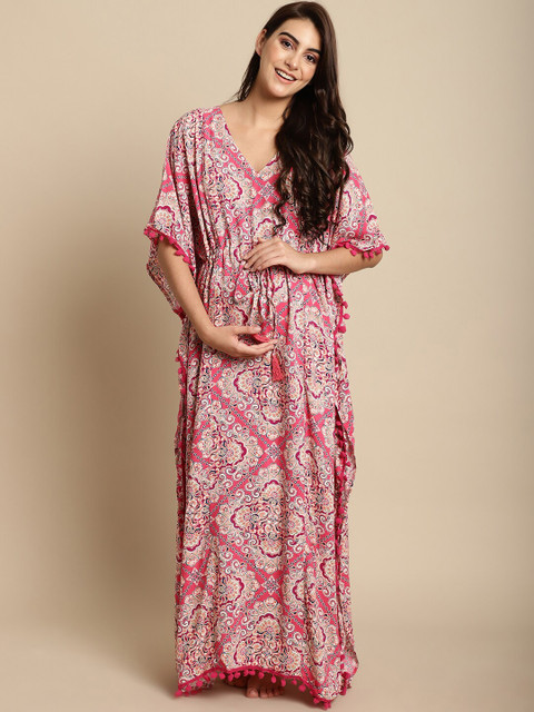 Secret Wish Ethnic Motifs Printed V-Neck Pure Cotton Maternity Maxi Kaftan Nightdress