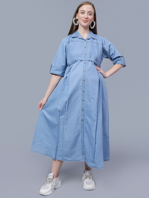 NIGHTSPREE Shirt Collar Shirt Collar Maternity Shirt Midi Cotton Dress