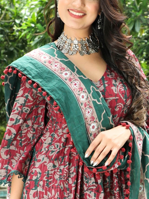 AKS Couture Floral Printed Straight Pure Cotton Kurta With Palazzos & Dupatta - Image 2