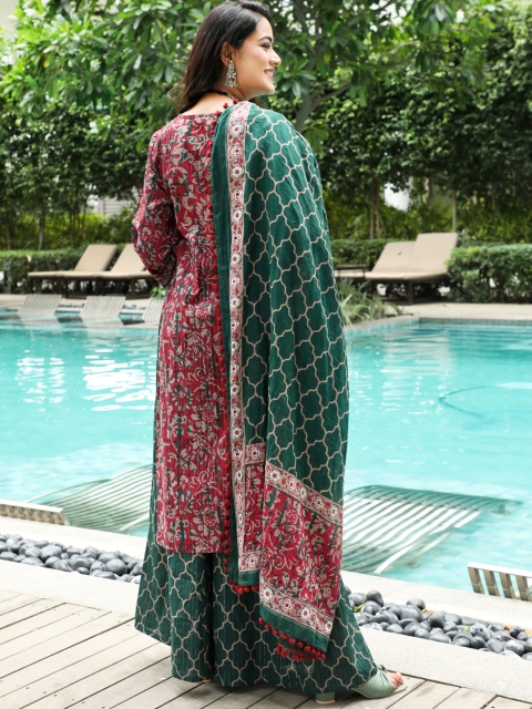 AKS Couture Floral Printed Straight Pure Cotton Kurta With Palazzos & Dupatta - Image 3