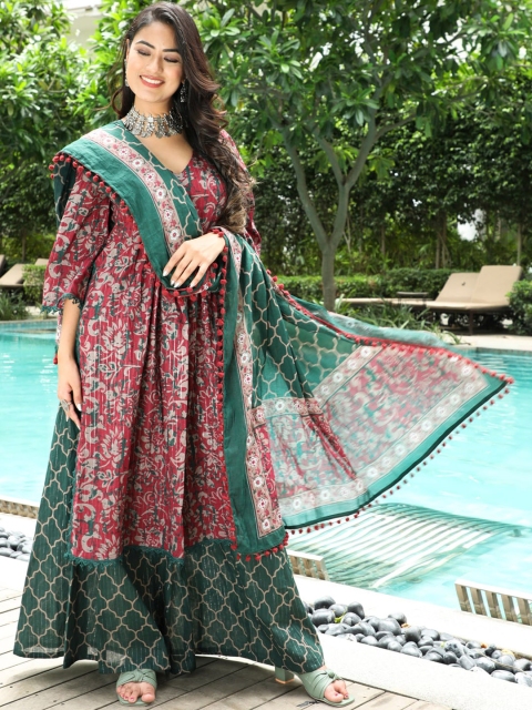 AKS Couture Floral Printed Straight Pure Cotton Kurta With Palazzos & Dupatta - Image 4