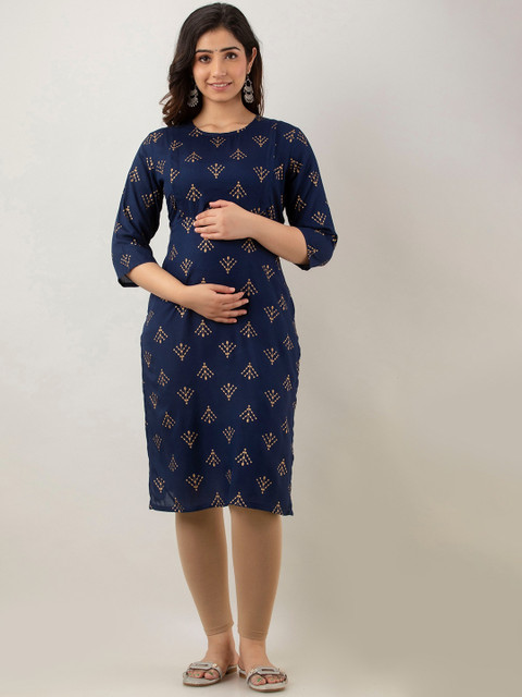 CELEBRAVO Ethnic Motifs Foil Printed Maternity Straight Kurta