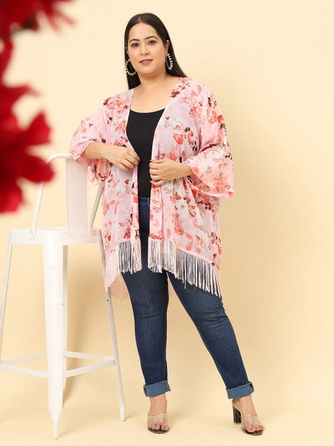 UnaOne Plus Size Printed Tasselled Detail Open Front Longline Shrug