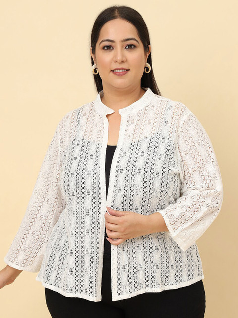 UnaOne Plus Size Self Design Cotton Open Front Shrug