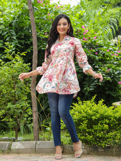 Rain & Rainbow Floral Printed Mandarin Collar Pure Cotton Kurti - Image 6