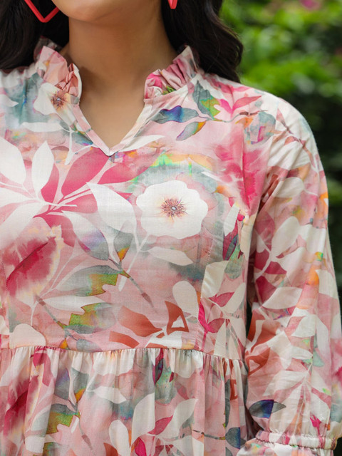 Rain & Rainbow Floral Printed Mandarin Collar Pure Cotton Kurti - Image 2