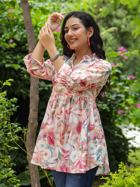 Rain & Rainbow Floral Printed Mandarin Collar Pure Cotton Kurti - Image 3
