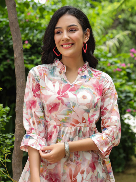 Rain & Rainbow Floral Printed Mandarin Collar Pure Cotton Kurti - Image 7