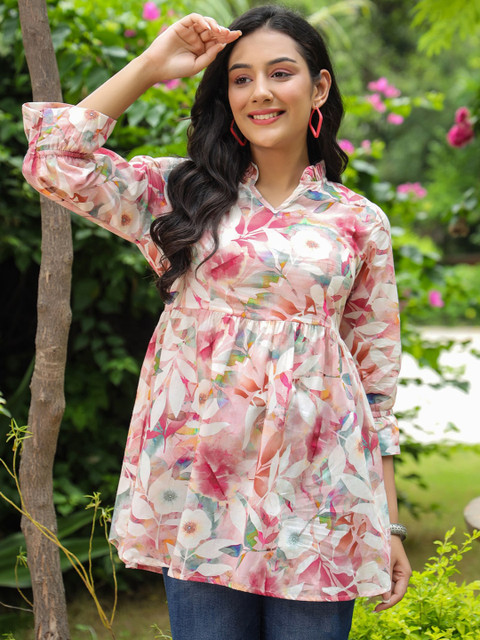 Rain & Rainbow Floral Printed Mandarin Collar Pure Cotton Kurti