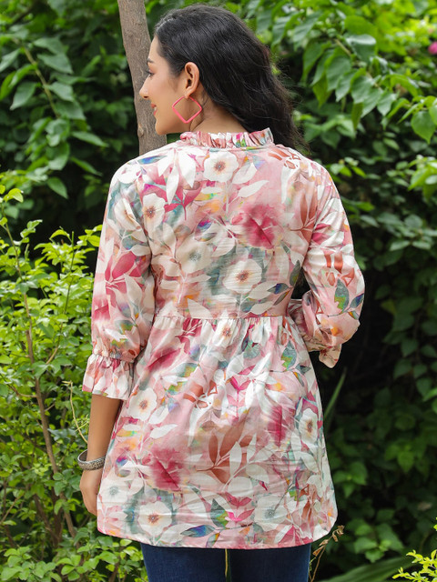 Rain & Rainbow Floral Printed Mandarin Collar Pure Cotton Kurti - Image 4