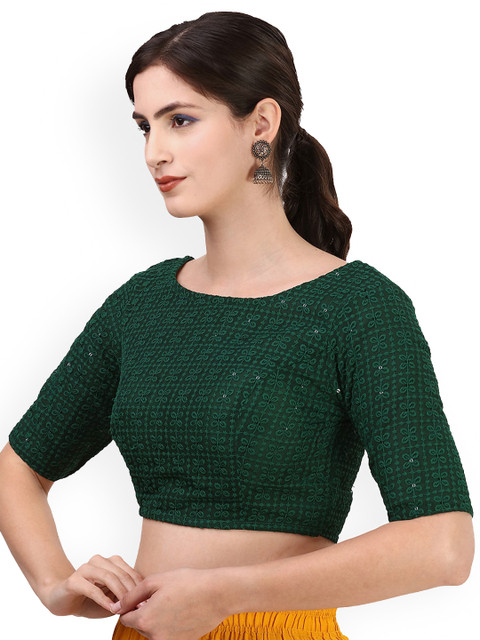 Oomph! Embroidered Boat Neck Sequined Pure Cotton Saree Blouse - Image 2