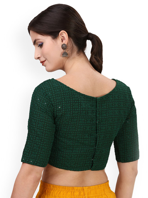 Oomph! Embroidered Boat Neck Sequined Pure Cotton Saree Blouse - Image 3