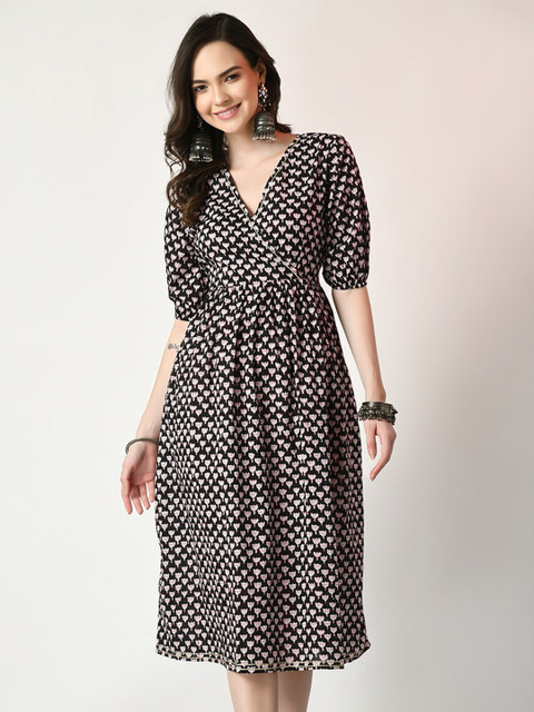 Sangria Black Ethnic Motifs Printed Gathered Detailed Cotton A-Line Ethnic Dress