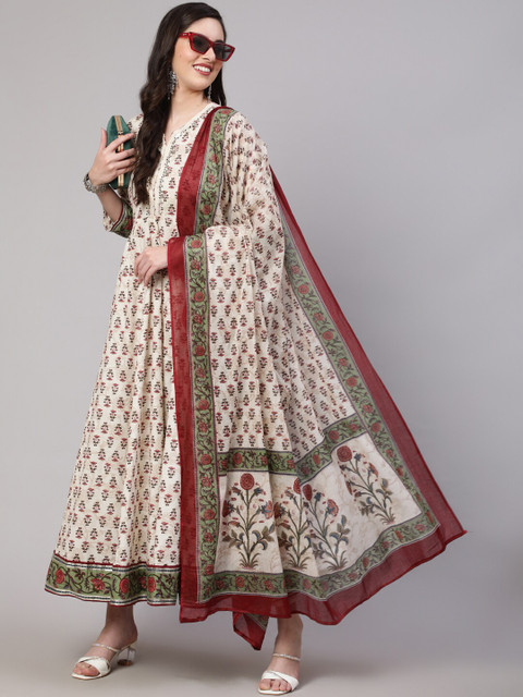 Mizaz Ethnic Motifs Printed Pure Cotton Mirror Work A-line Kurta & Trousers With Dupatta