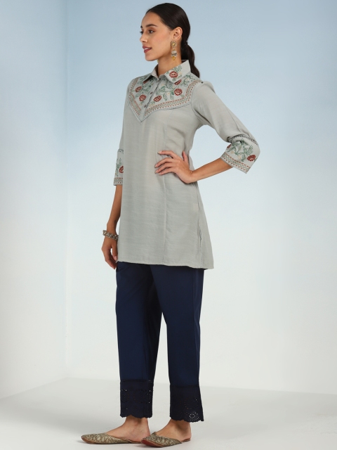Lakshita Green Floral Embroidered Shirt Collar Thread Work Thread Work Kurti - Image 4