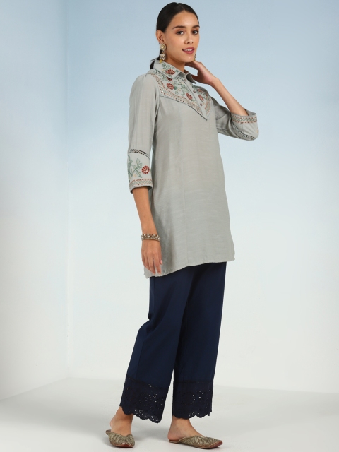 Lakshita Green Floral Embroidered Shirt Collar Thread Work Thread Work Kurti - Image 3