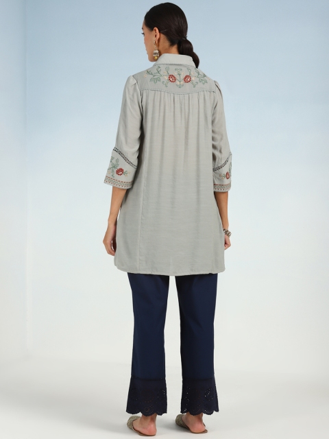 Lakshita Green Floral Embroidered Shirt Collar Thread Work Thread Work Kurti - Image 5