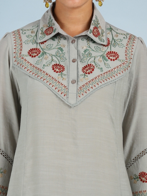 Lakshita Green Floral Embroidered Shirt Collar Thread Work Thread Work Kurti - Image 2