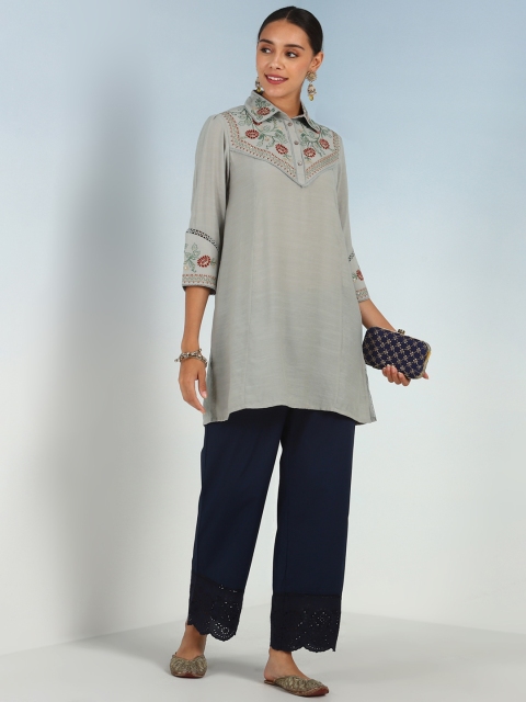 Lakshita Green Floral Embroidered Shirt Collar Thread Work Thread Work Kurti - Image 6
