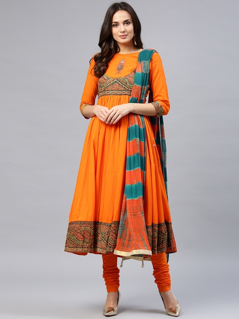 Rain & Rainbow Women Orange Yoke Design Kurta with Churidar & Dupatta