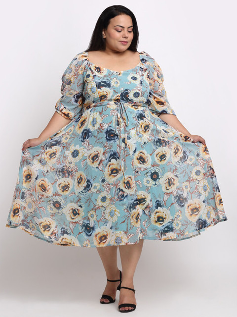 sindrellastorie Plus Size Floral Printed Puff Sleeve Georgette Fit & Flare Midi Dress