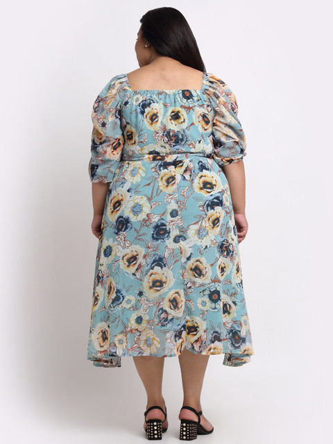 sindrellastorie Plus Size Floral Printed Puff Sleeve Georgette Fit & Flare Midi Dress - Image 4