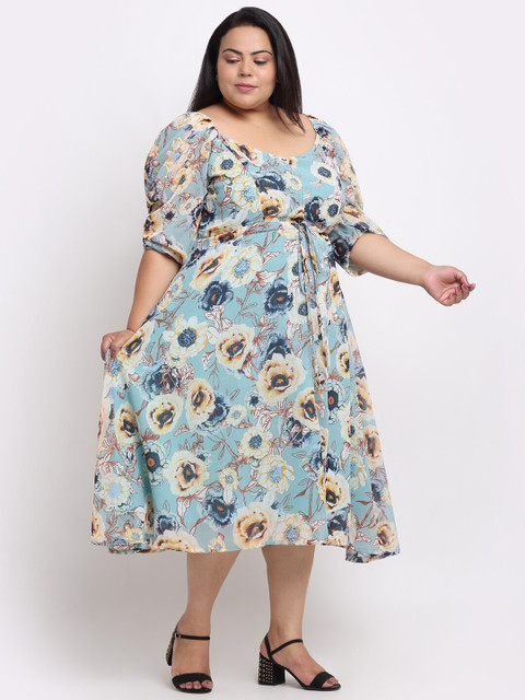 sindrellastorie Plus Size Floral Printed Puff Sleeve Georgette Fit & Flare Midi Dress - Image 3