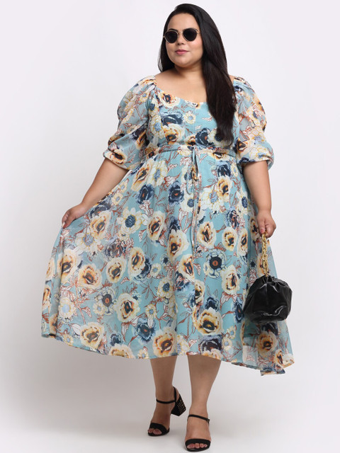sindrellastorie Plus Size Floral Printed Puff Sleeve Georgette Fit & Flare Midi Dress - Image 5