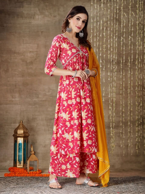 Stylum Floral Printed Gotta Patti Pure Cotton Anarkali Kurta With Palazzos & Dupatta - Image 6