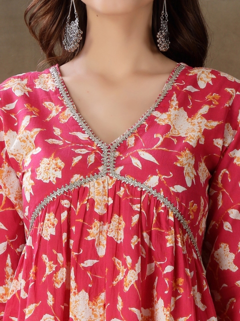 Stylum Floral Printed Gotta Patti Pure Cotton Anarkali Kurta With Palazzos & Dupatta - Image 3
