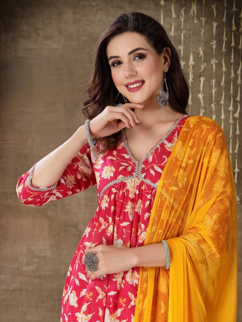 Stylum Floral Printed Gotta Patti Pure Cotton Anarkali Kurta With Palazzos & Dupatta