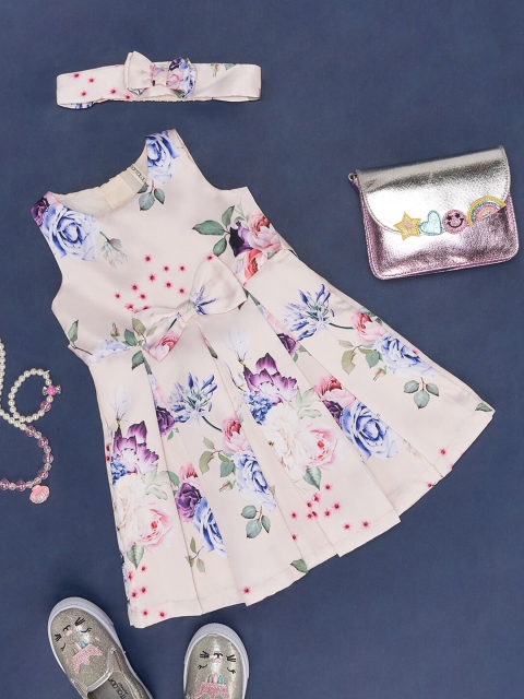 Pantaloons Baby Girls Floral Printed Bow & Pleated Cotton Fit & Flare Dress With Hairband