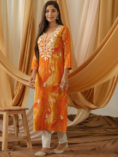 Sangria Abstract Printed Round Neck Straight Kurta - Image 5