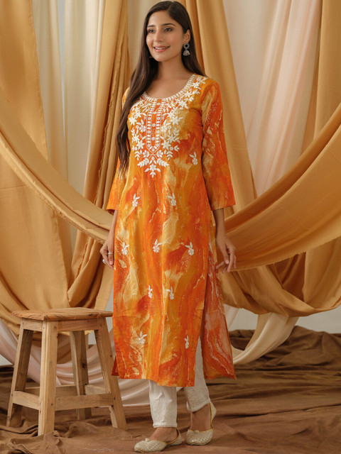 Sangria Abstract Printed Round Neck Straight Kurta - Image 4