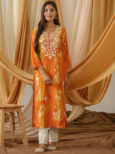 Sangria Abstract Printed Round Neck Straight Kurta - Image 6