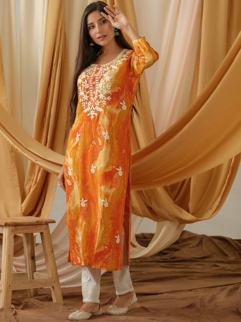 Sangria Abstract Printed Round Neck Straight Kurta - Image 3
