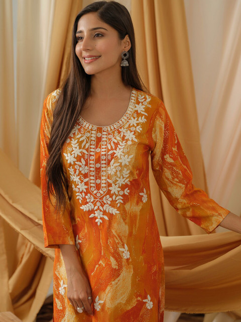 Sangria Abstract Printed Round Neck Straight Kurta