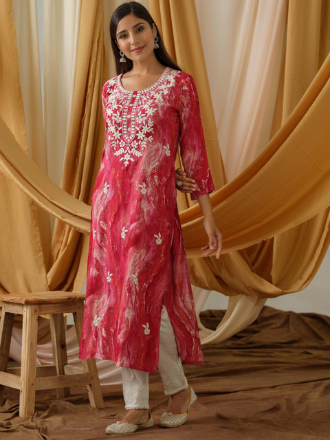 Sangria Abstract Printed and Embroidered Straight Kurta - Image 2