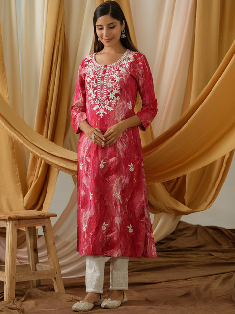 Sangria Abstract Printed and Embroidered Straight Kurta - Image 4