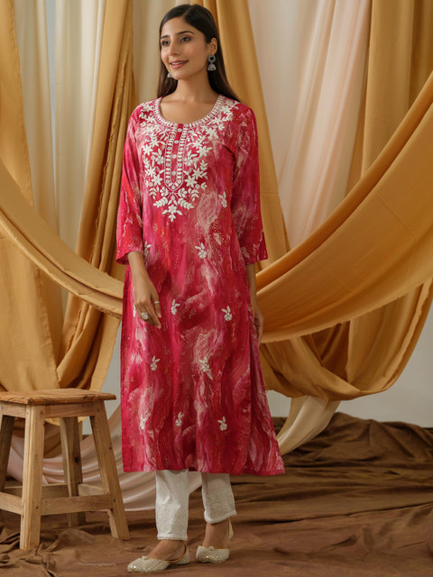 Sangria Abstract Printed and Embroidered Straight Kurta - Image 3