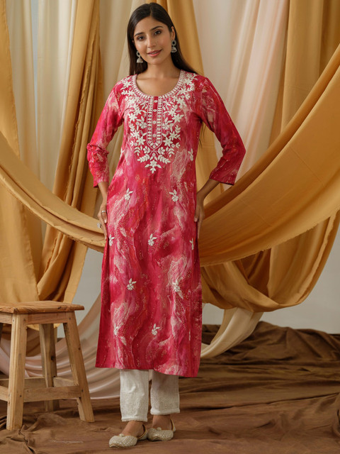 Sangria Abstract Printed and Embroidered Straight Kurta