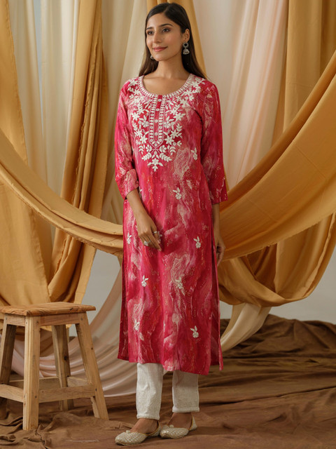 Sangria Abstract Printed and Embroidered Straight Kurta - Image 5